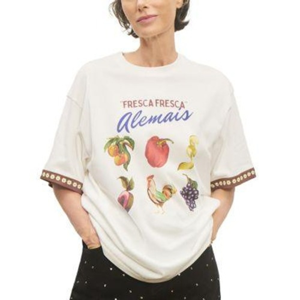 Alemais Mercado Fresca Fresca T-Shirt Women XS White Graphic Cotton $275 NWT